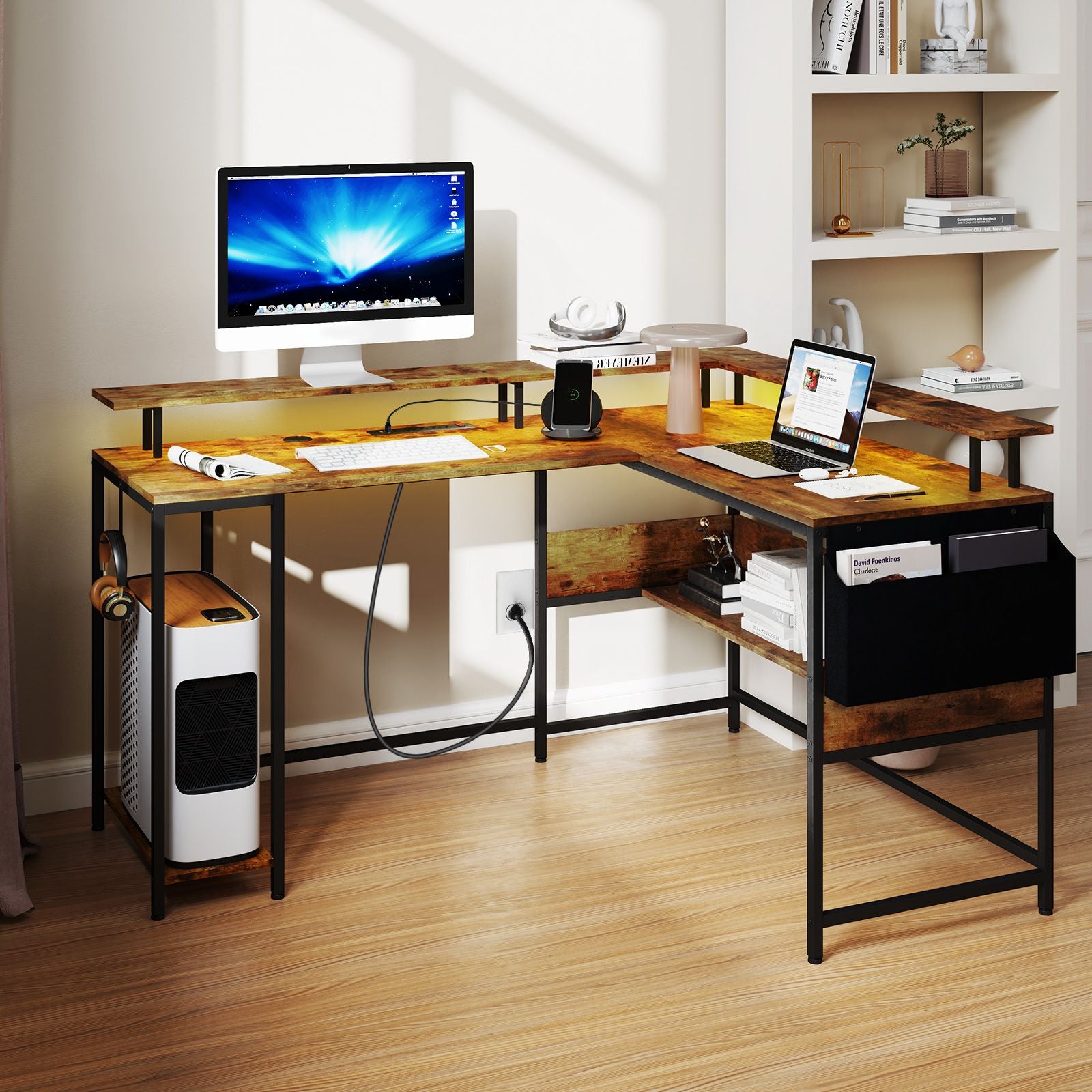 Elevate Your Gaming Experience with Our L-Shaped Gaming Desk Featuring LED Lights and Power Outlets