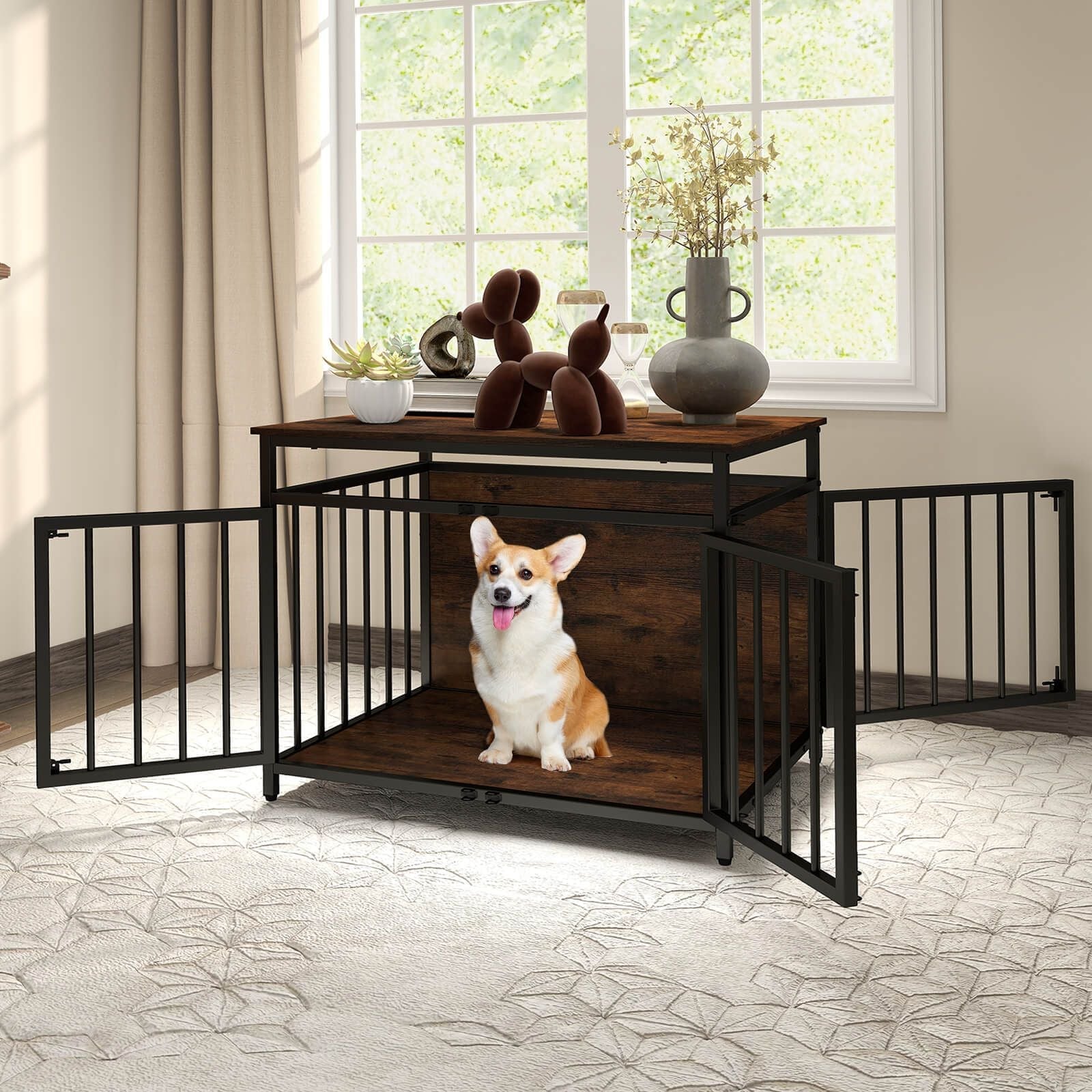 Stylish and Durable 3-Door Dog Crate with Hollow Top – The Perfect Home for Your Small to Medium Dogs!
