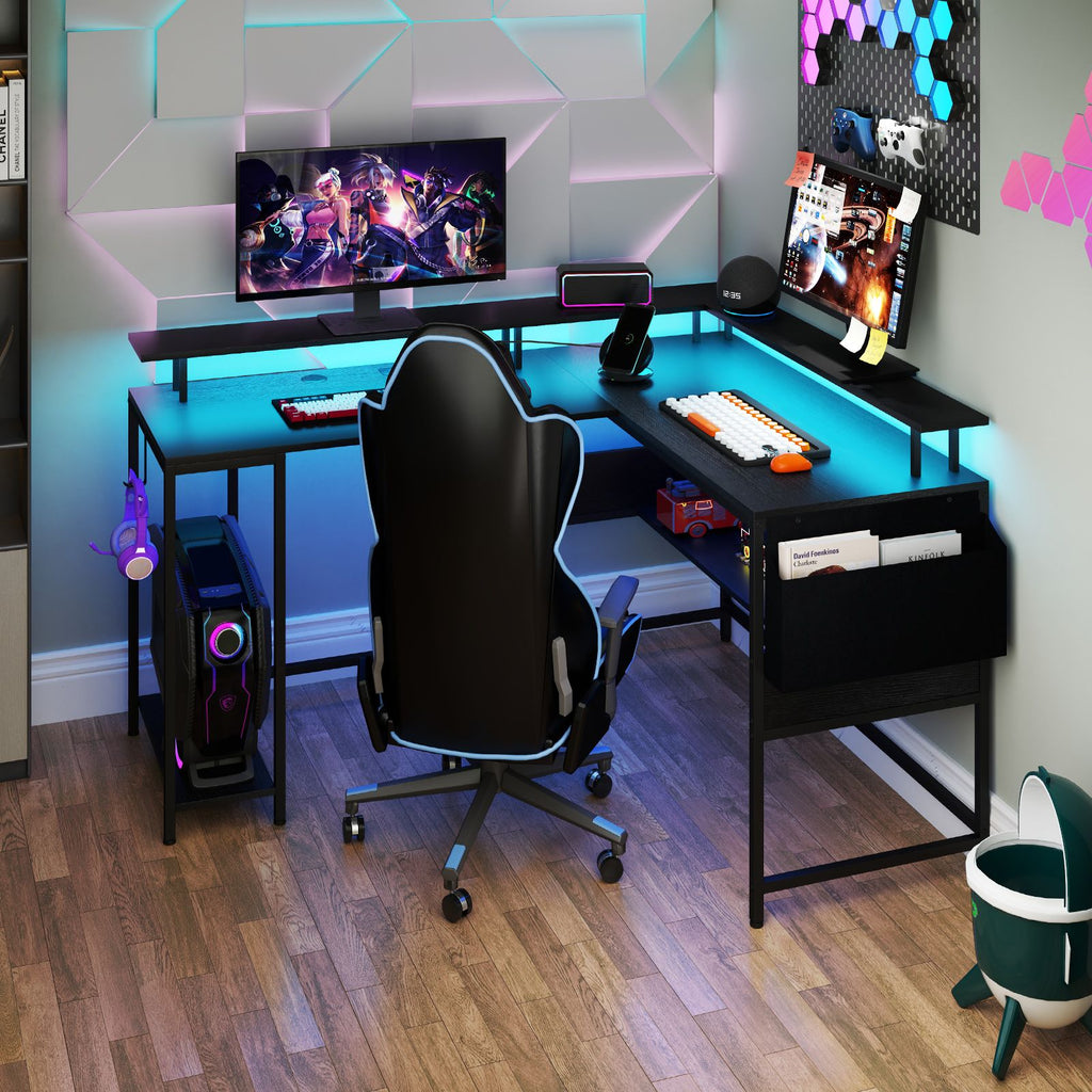 Elevate Your Gaming Experience with Our L-Shaped Gaming Desk Featuring LED Lights and Power Outlets