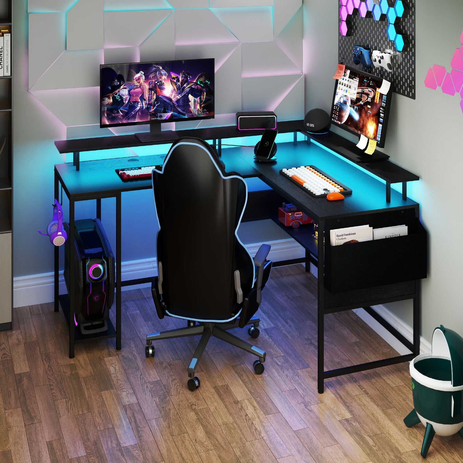 Elevate Your Gaming Experience with Our L-Shaped Gaming Desk Featuring LED Lights and Power Outlets