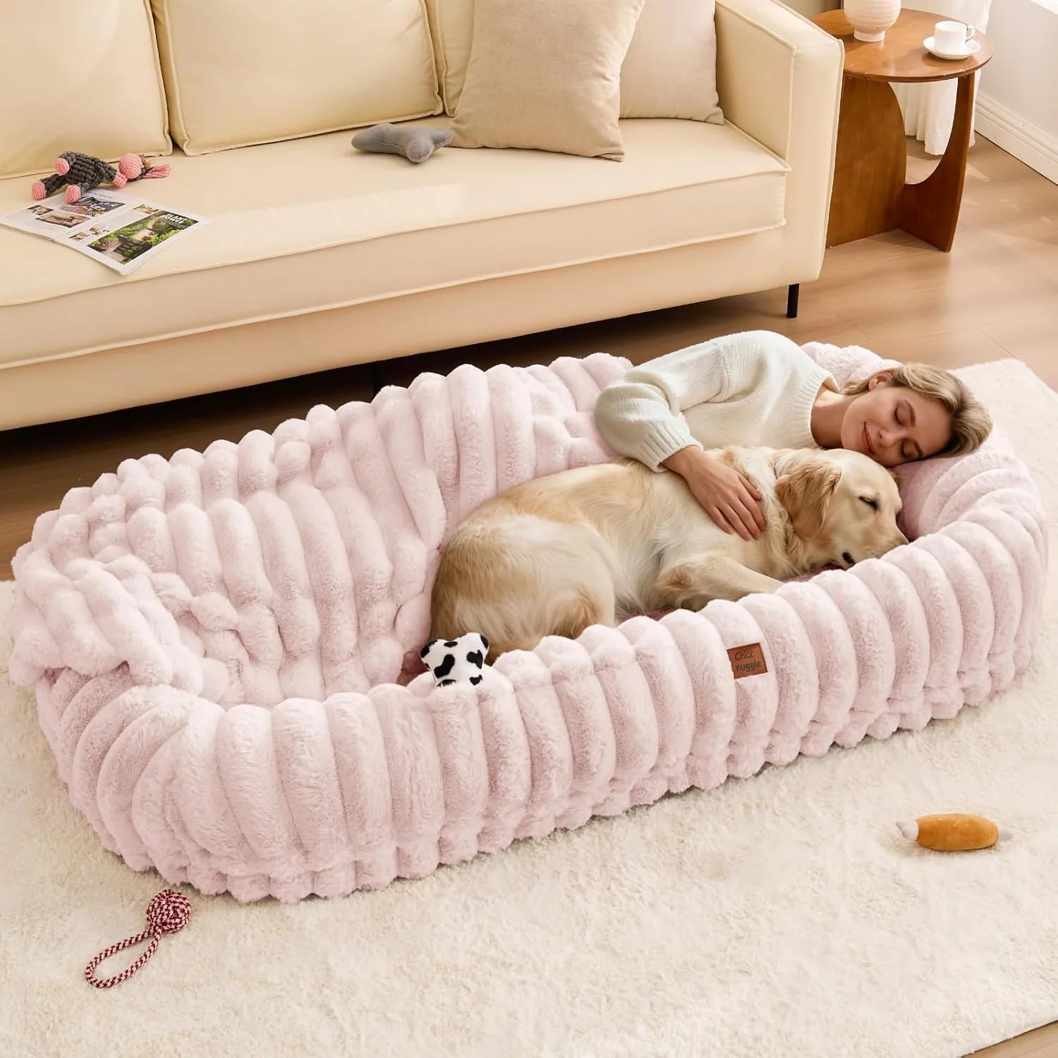 Indulge in Comfort: Luxury Striped Faux Fur Human Dog Bed with Orthopedic Foam and Cozy Blanket - Perfect for You and Your Pet!