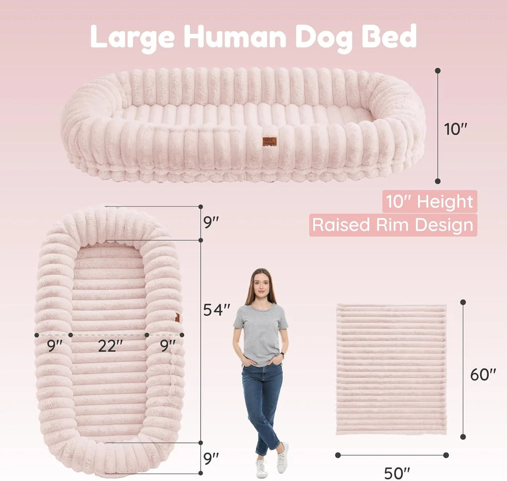Indulge in Comfort: Luxury Striped Faux Fur Human Dog Bed with Orthopedic Foam and Cozy Blanket - Perfect for You and Your Pet!