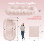Indulge in Comfort: Luxury Striped Faux Fur Human Dog Bed with Orthopedic Foam and Cozy Blanket - Perfect for You and Your Pet!