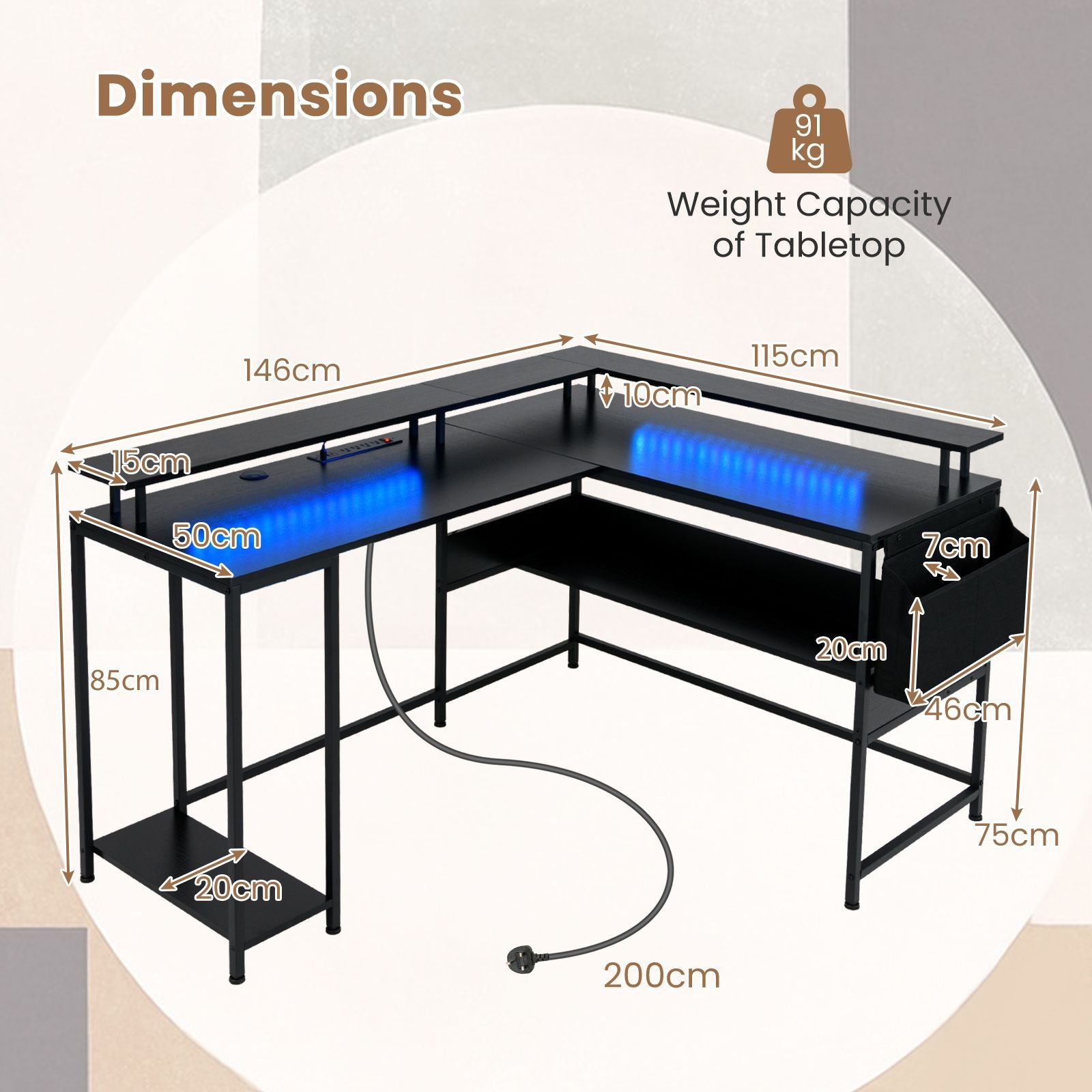 Elevate Your Gaming Experience with Our L-Shaped Gaming Desk Featuring LED Lights and Power Outlets