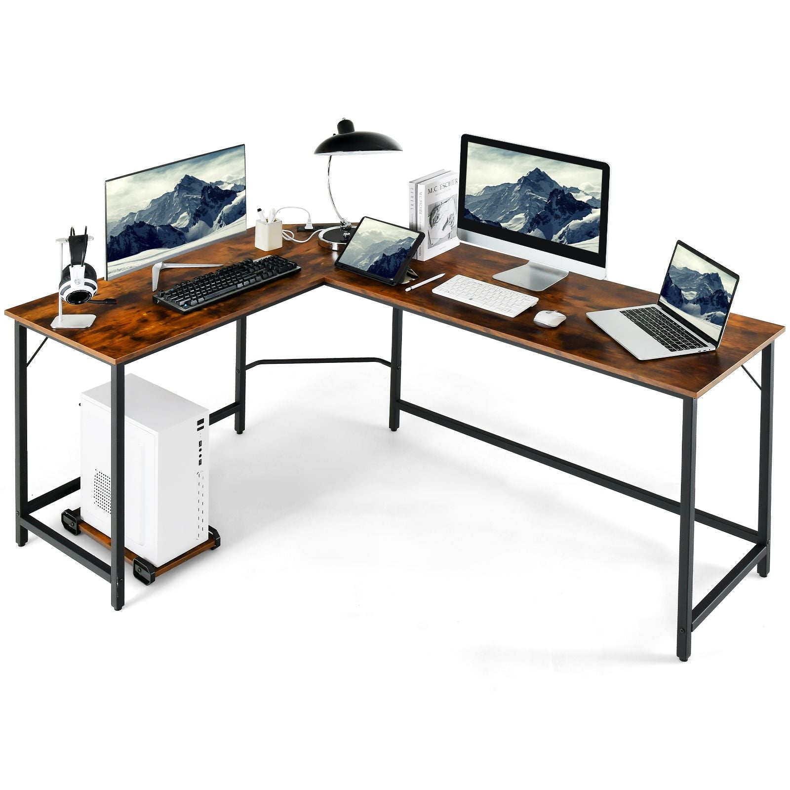 Versatile L-Shaped Desk with Integrated Power Outlet and Sturdy Metal Frame for Ultimate Workspace Efficiency