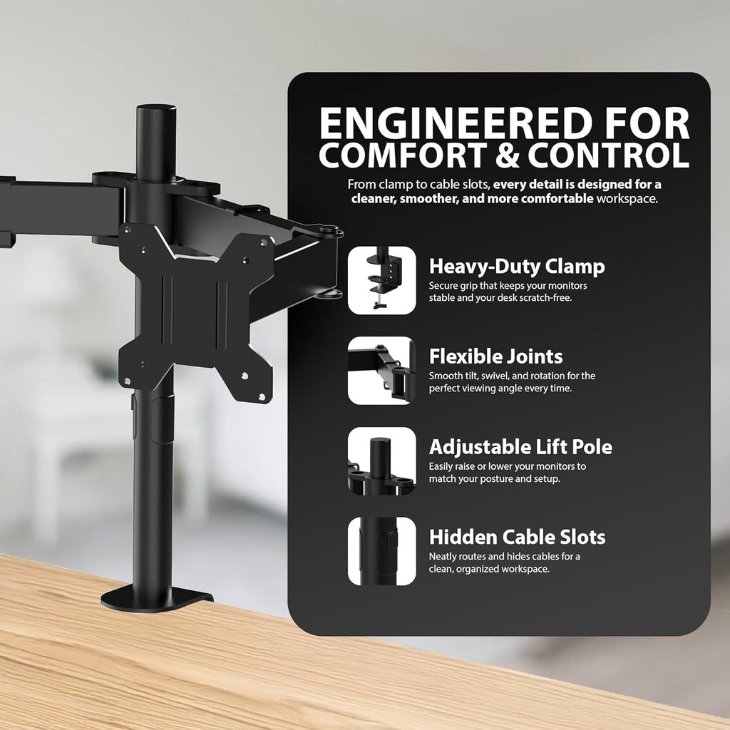 Elevate Your Workspace with the Adjustable Double Twin Arm Desk Mount for 13”-32” LCD Monitors and TVs