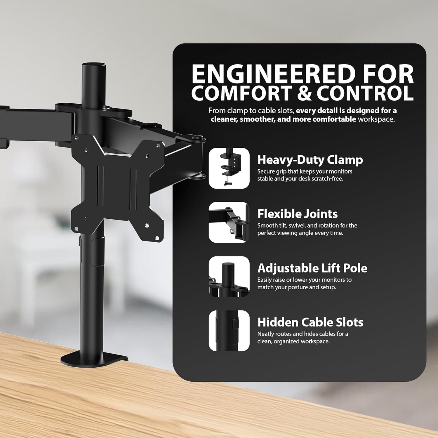 Elevate Your Workspace with the Adjustable Double Twin Arm Desk Mount for 13”-32” LCD Monitors and TVs