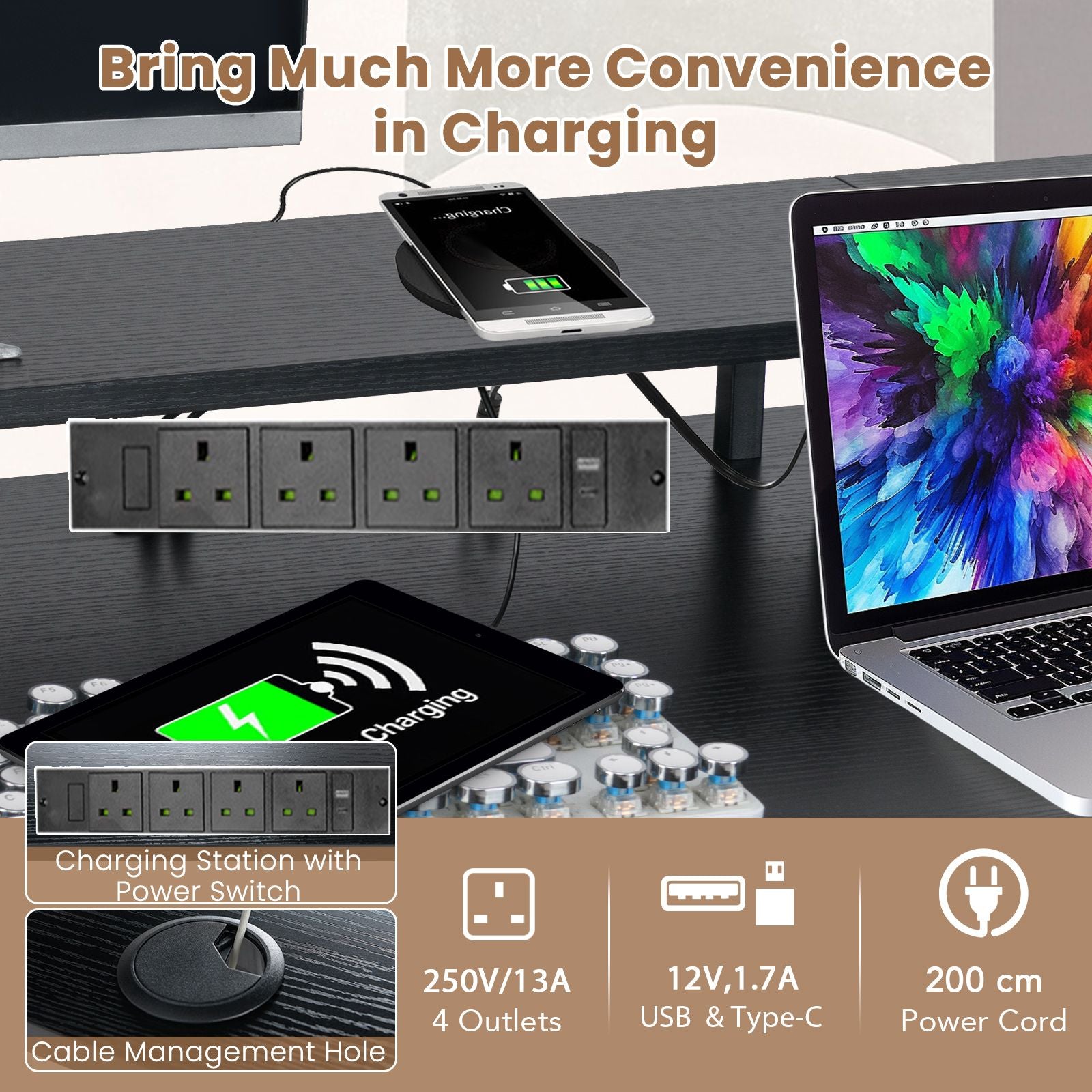 Elevate Your Gaming Experience with Our L-Shaped Gaming Desk Featuring LED Lights and Power Outlets