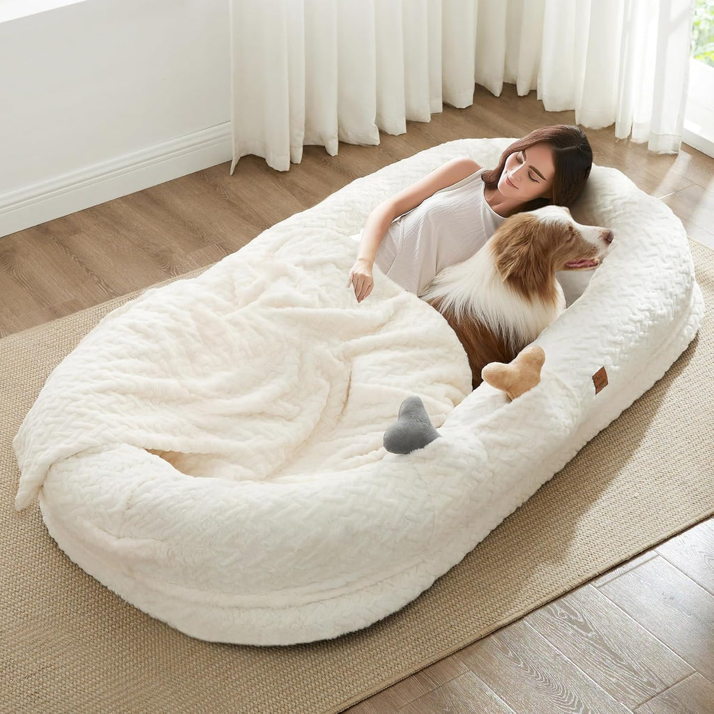 Indulge in Luxury with the Giant Ivory White Human Dog Bed - Orthopedic Foam Comfort with Cozy Blanket and Portable Design