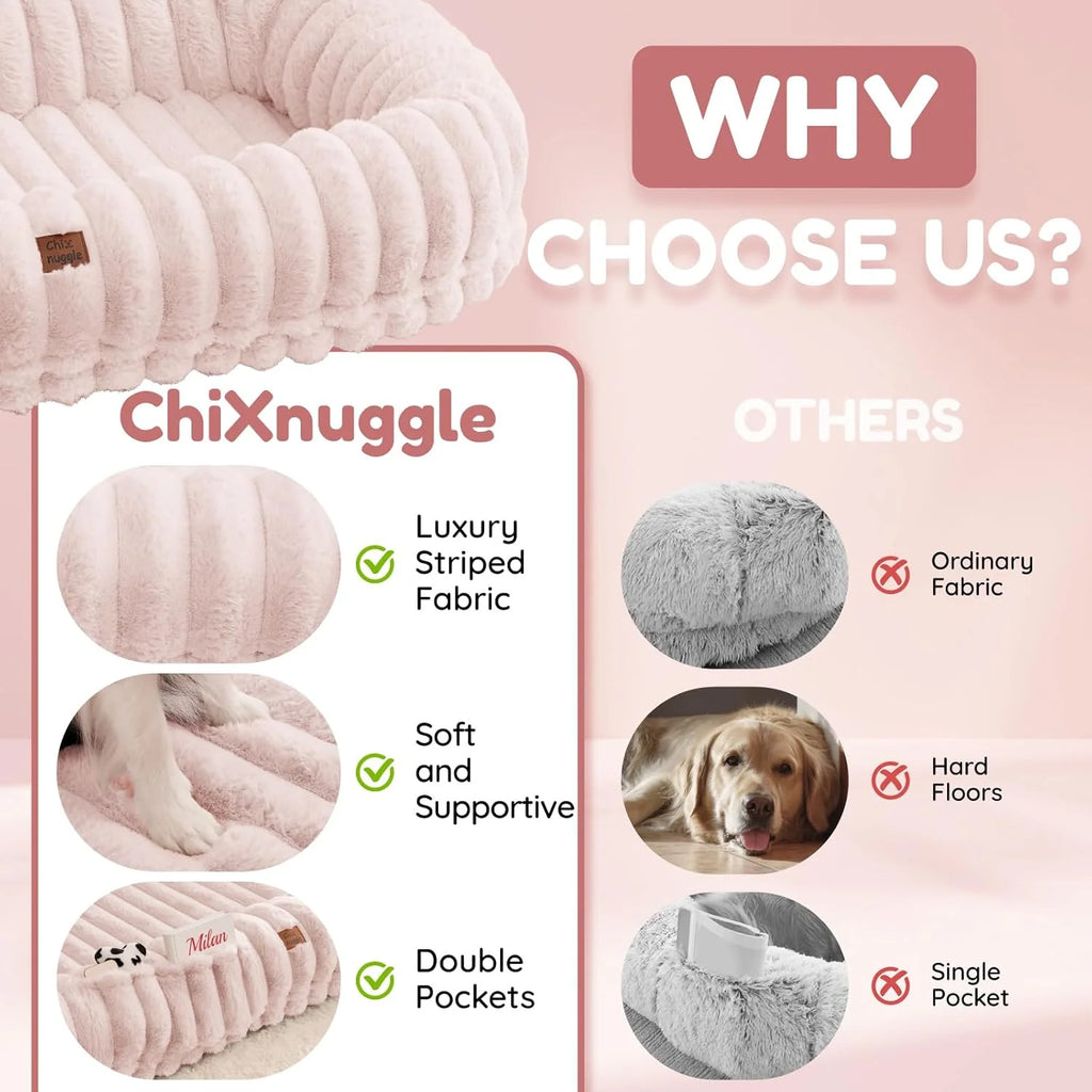 Indulge in Comfort: Luxury Striped Faux Fur Human Dog Bed with Orthopedic Foam and Cozy Blanket - Perfect for You and Your Pet!