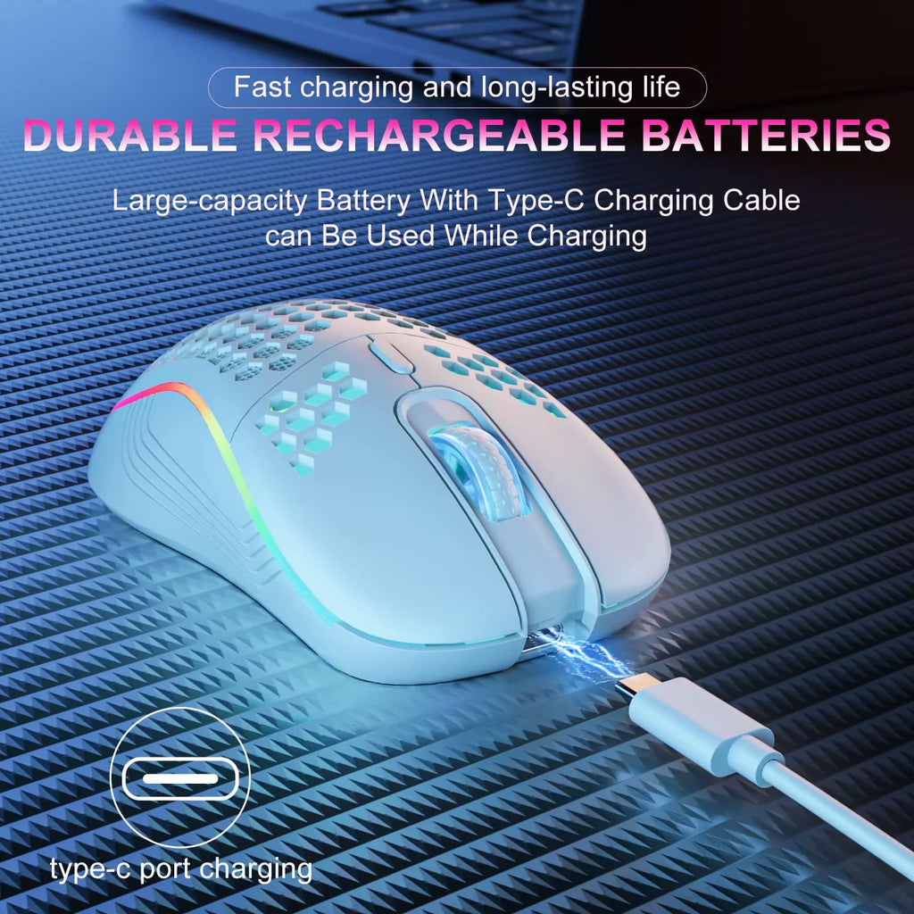 Experience Ultimate Control with the 2.4G Wireless RGB Gaming Mouse - Ergonomic Honeycomb Design, Rechargeable, and 6-Button Functionality