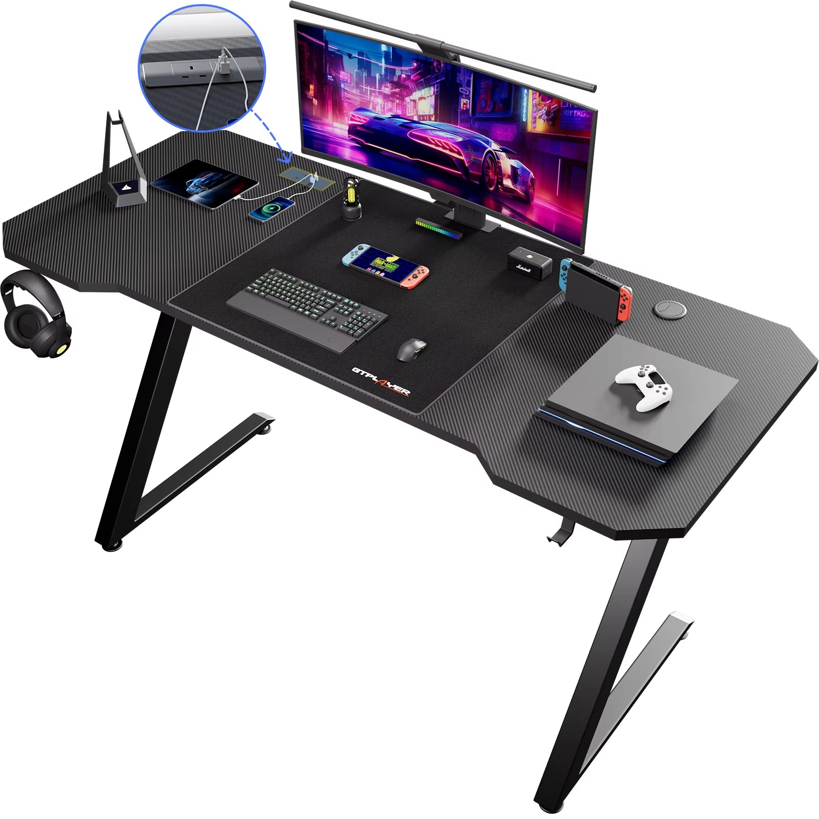 Elevate Your Gaming Experience with the GTPLAYER Sturdy Carbon Fiber Z Frame Gaming Desk - Spacious, Stylish, and Functional!