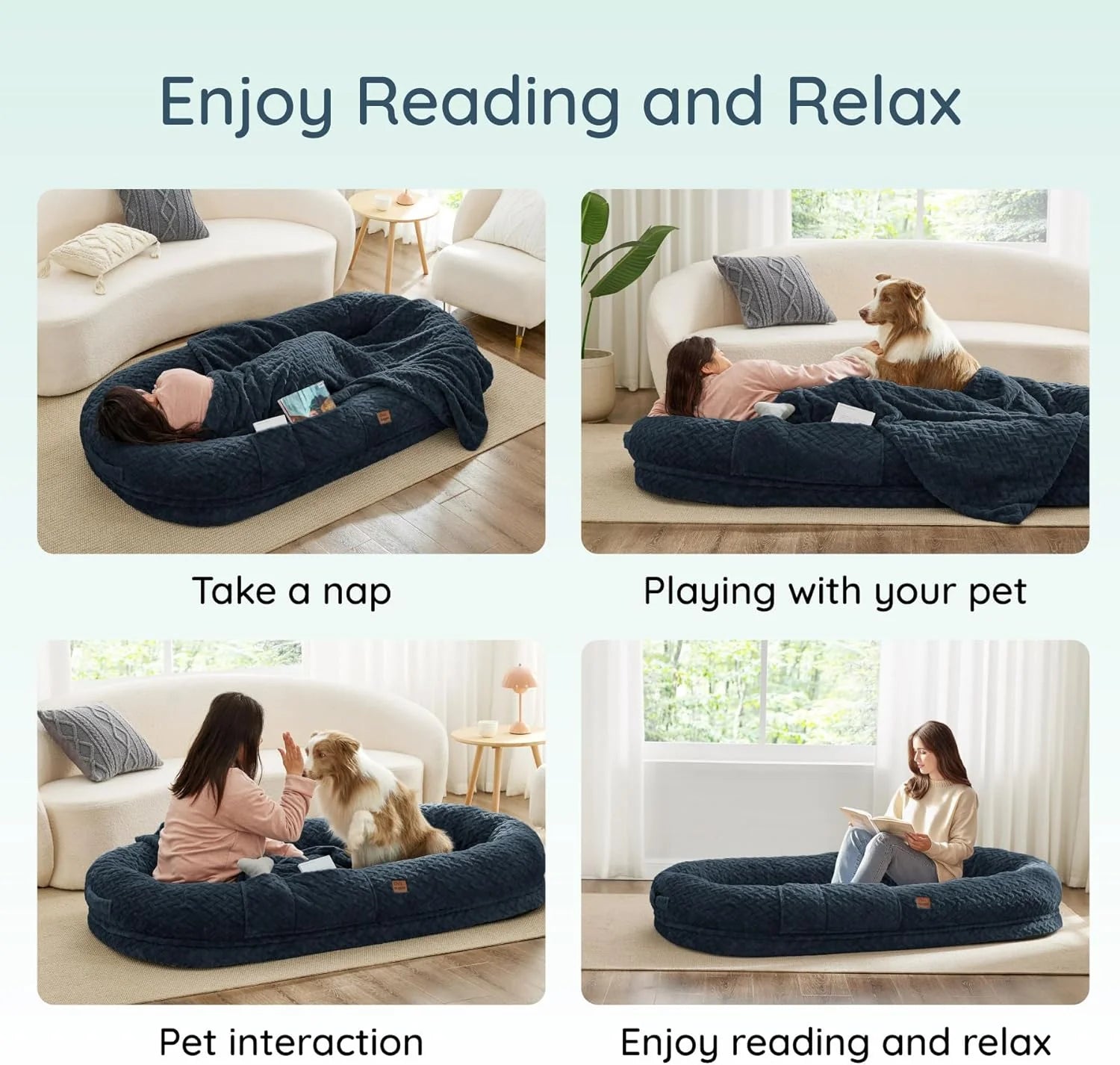 Indulge in Luxury with the Giant Human Dog Bed - Cozy Faux Fur, Orthopedic Foam, and a Soft Blanket in Navy