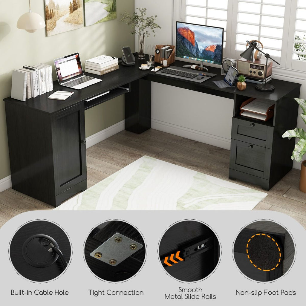 Elevate Your Workspace with the Stylish L-Shaped Computer Desk Featuring Built-in Power Outlets and Ample Storage
