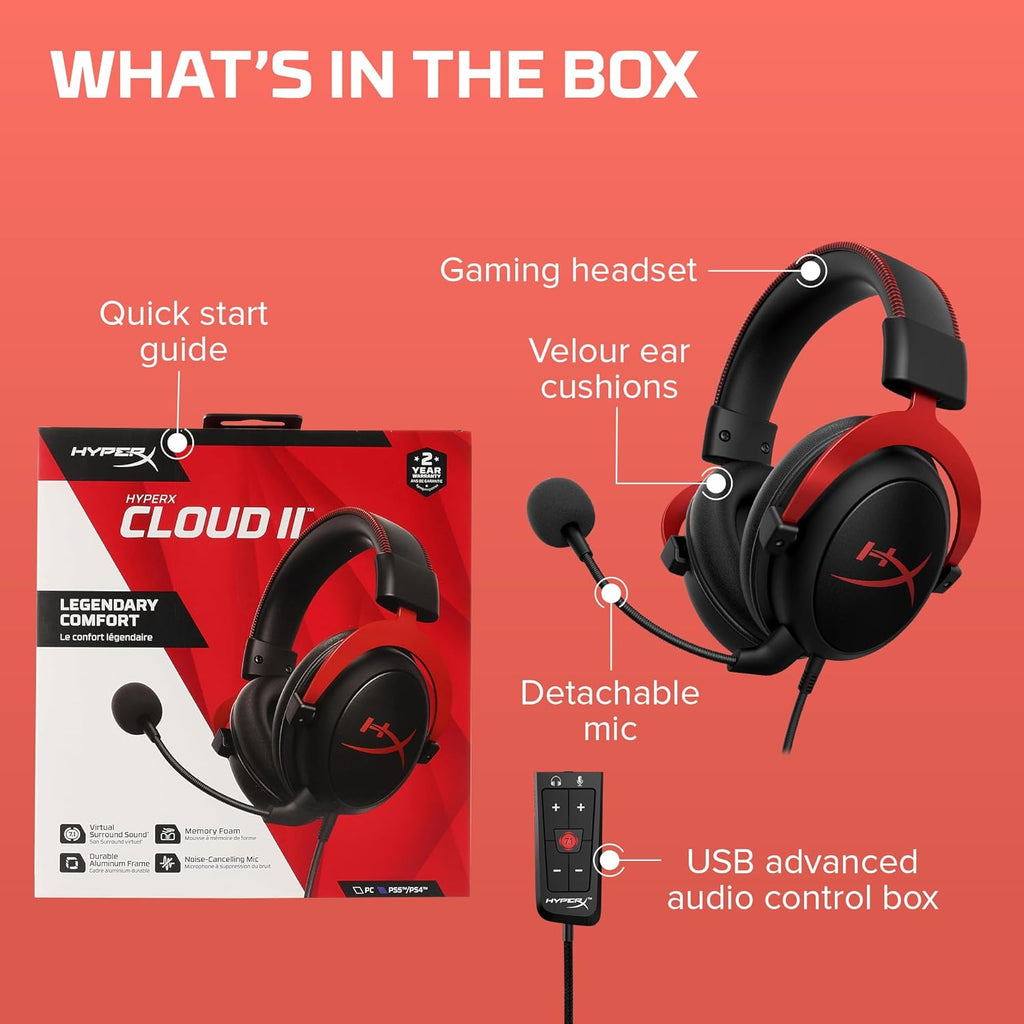HyperX Cloud II Gaming Headset - Unleash Your Gaming Potential with Immersive 7.1 Surround Sound in Striking Red
