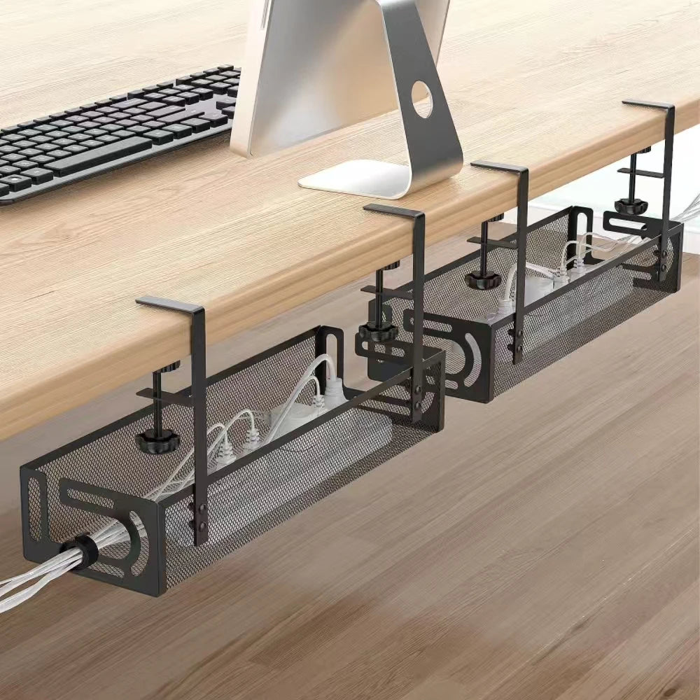 Transform Your Workspace with Our No-Drill Under-Desk Cable Management Tray - Clip-On Metal Mesh Organizer for a Tidy Home Office!