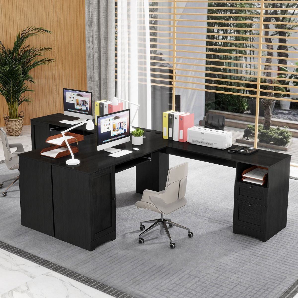 Elevate Your Workspace with the Stylish L-Shaped Computer Desk Featuring Built-in Power Outlets and Ample Storage