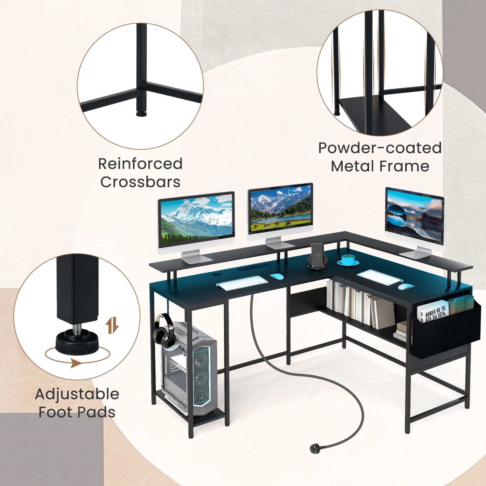 Elevate Your Gaming Experience with Our L-Shaped Gaming Desk Featuring LED Lights and Power Outlets