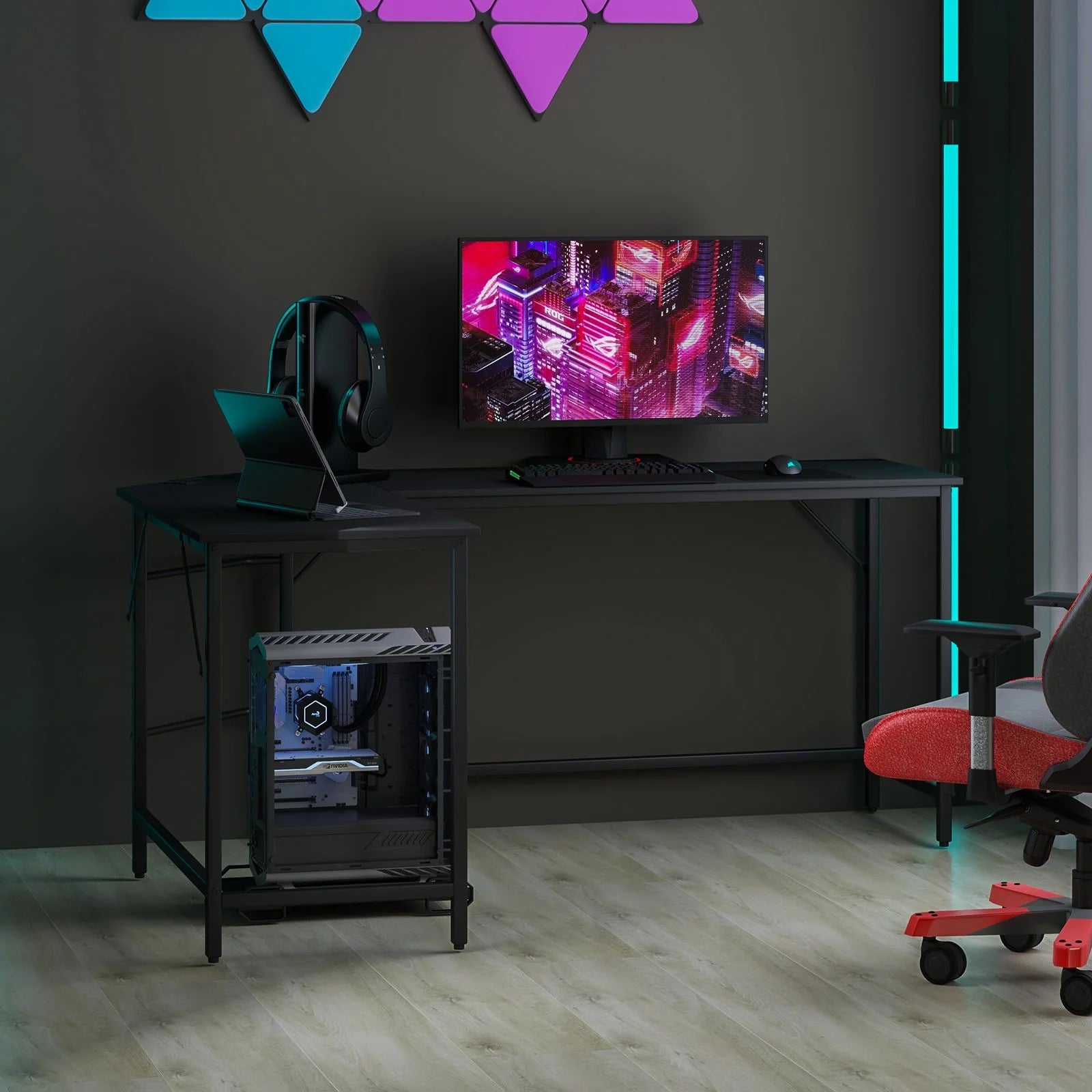 Versatile L-Shaped Desk with Integrated Power Outlet and Sturdy Metal Frame for Ultimate Workspace Efficiency
