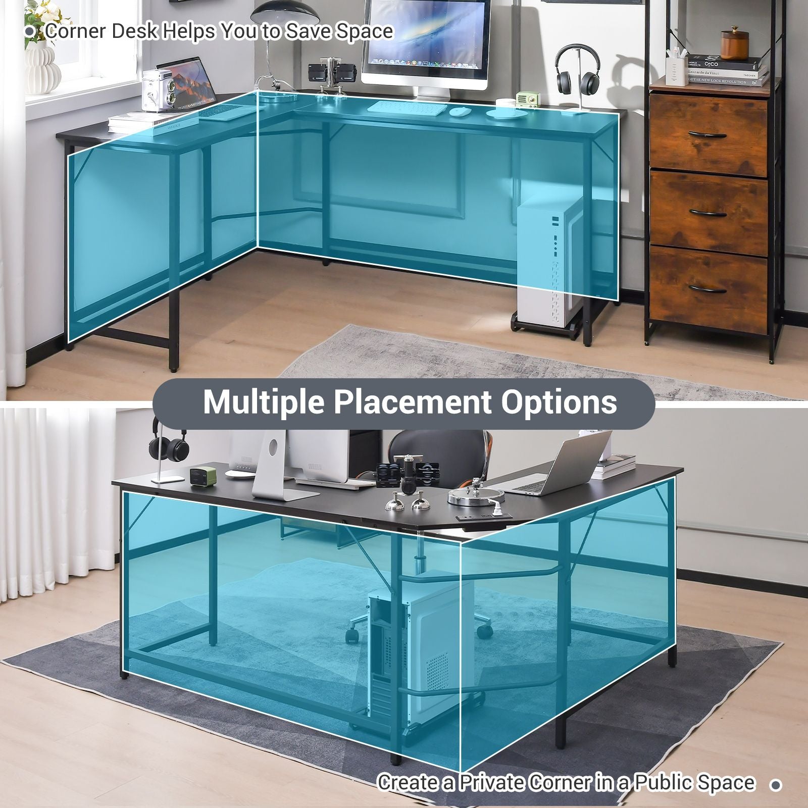 Versatile L-Shaped Desk with Integrated Power Outlet and Sturdy Metal Frame for Ultimate Workspace Efficiency