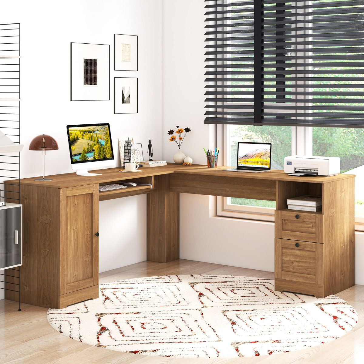 Elevate Your Workspace with the Stylish L-Shaped Computer Desk Featuring Built-in Power Outlets and Ample Storage