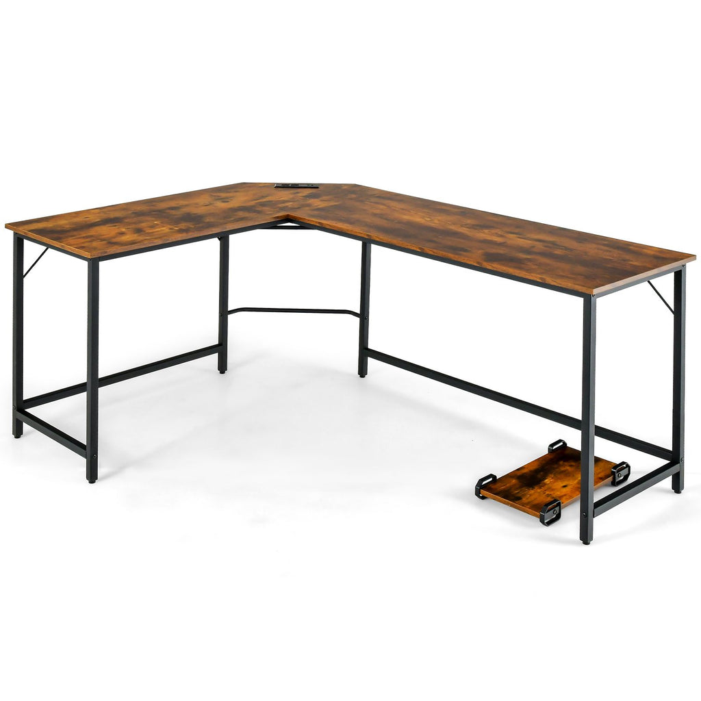 Versatile L-Shaped Desk with Integrated Power Outlet and Sturdy Metal Frame for Ultimate Workspace Efficiency