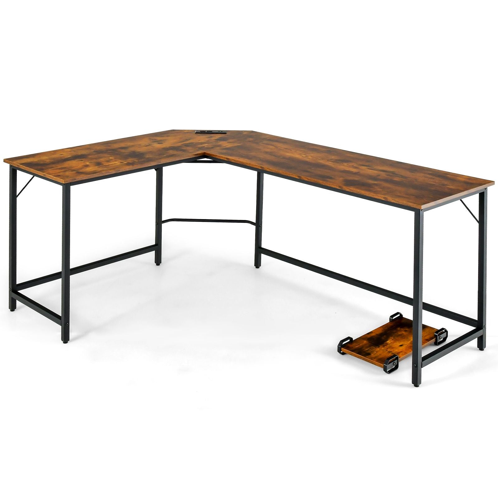 Versatile L-Shaped Desk with Integrated Power Outlet and Sturdy Metal Frame for Ultimate Workspace Efficiency