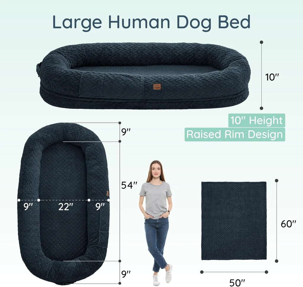 Indulge in Luxury with the Giant Human Dog Bed - Cozy Faux Fur, Orthopedic Foam, and a Soft Blanket in Navy