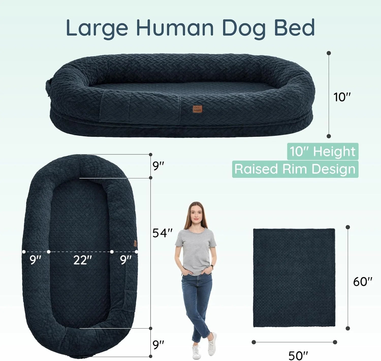 Indulge in Luxury with the Giant Human Dog Bed - Cozy Faux Fur, Orthopedic Foam, and a Soft Blanket in Navy