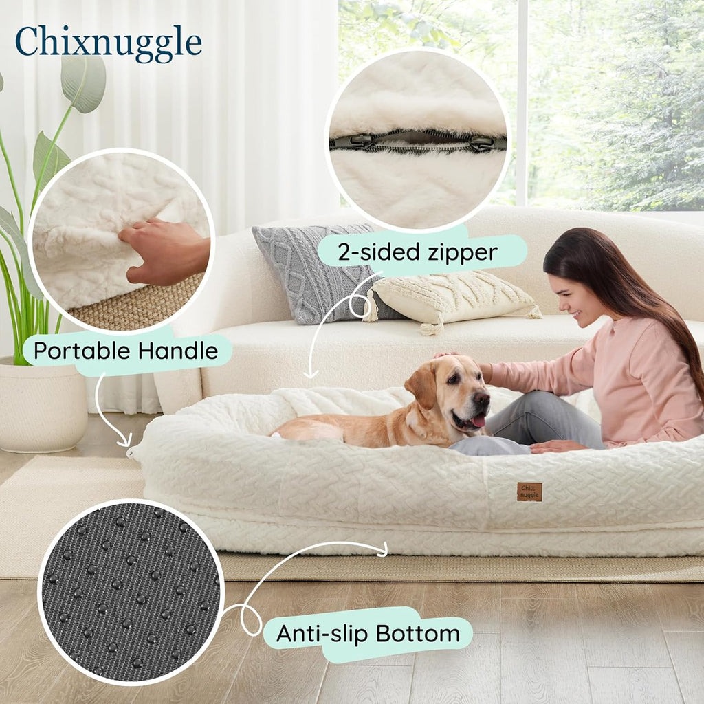 Indulge in Luxury with the Giant Ivory White Human Dog Bed - Orthopedic Foam Comfort with Cozy Blanket and Portable Design