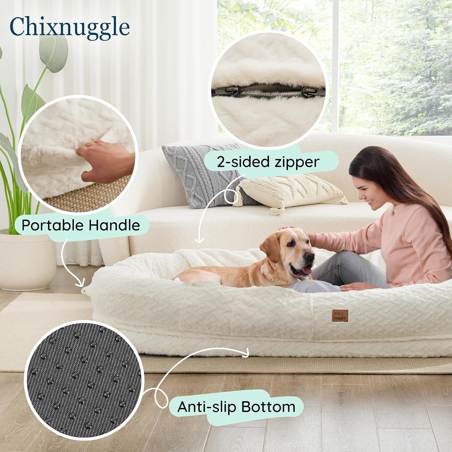 Indulge in Luxury with the Giant Ivory White Human Dog Bed - Orthopedic Foam Comfort with Cozy Blanket and Portable Design