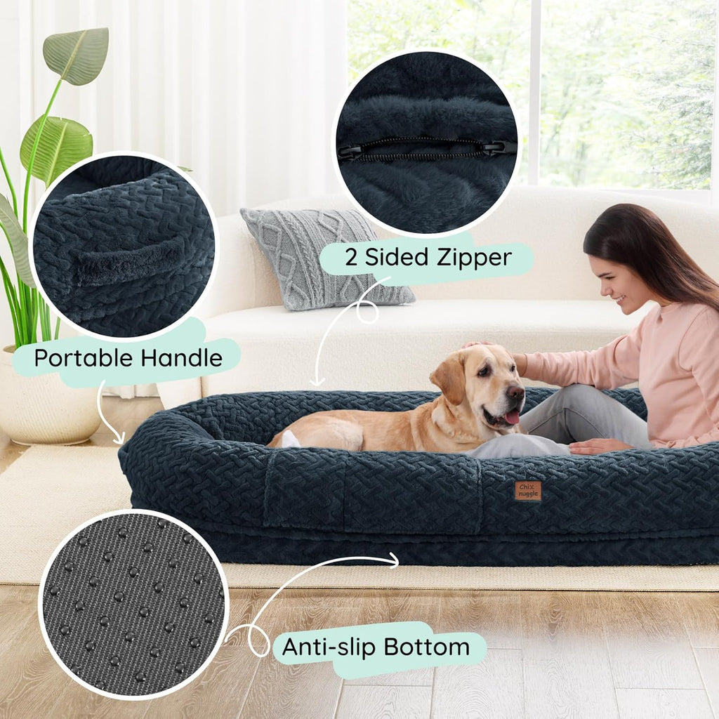Indulge in Luxury with the Giant Human Dog Bed - Cozy Faux Fur, Orthopedic Foam, and a Soft Blanket in Navy