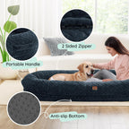 Indulge in Luxury with the Giant Human Dog Bed - Cozy Faux Fur, Orthopedic Foam, and a Soft Blanket in Navy