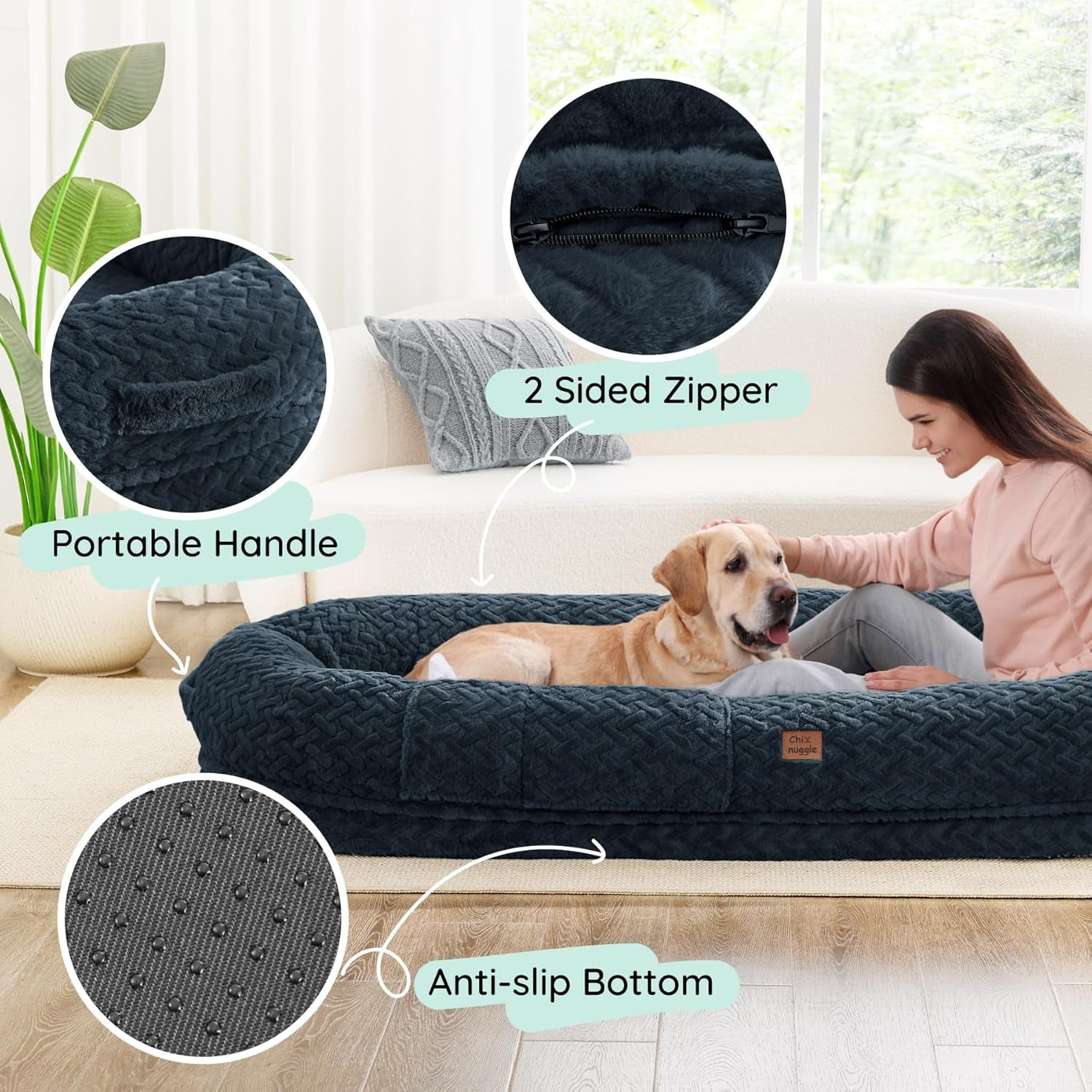 Indulge in Luxury with the Giant Human Dog Bed - Cozy Faux Fur, Orthopedic Foam, and a Soft Blanket in Navy