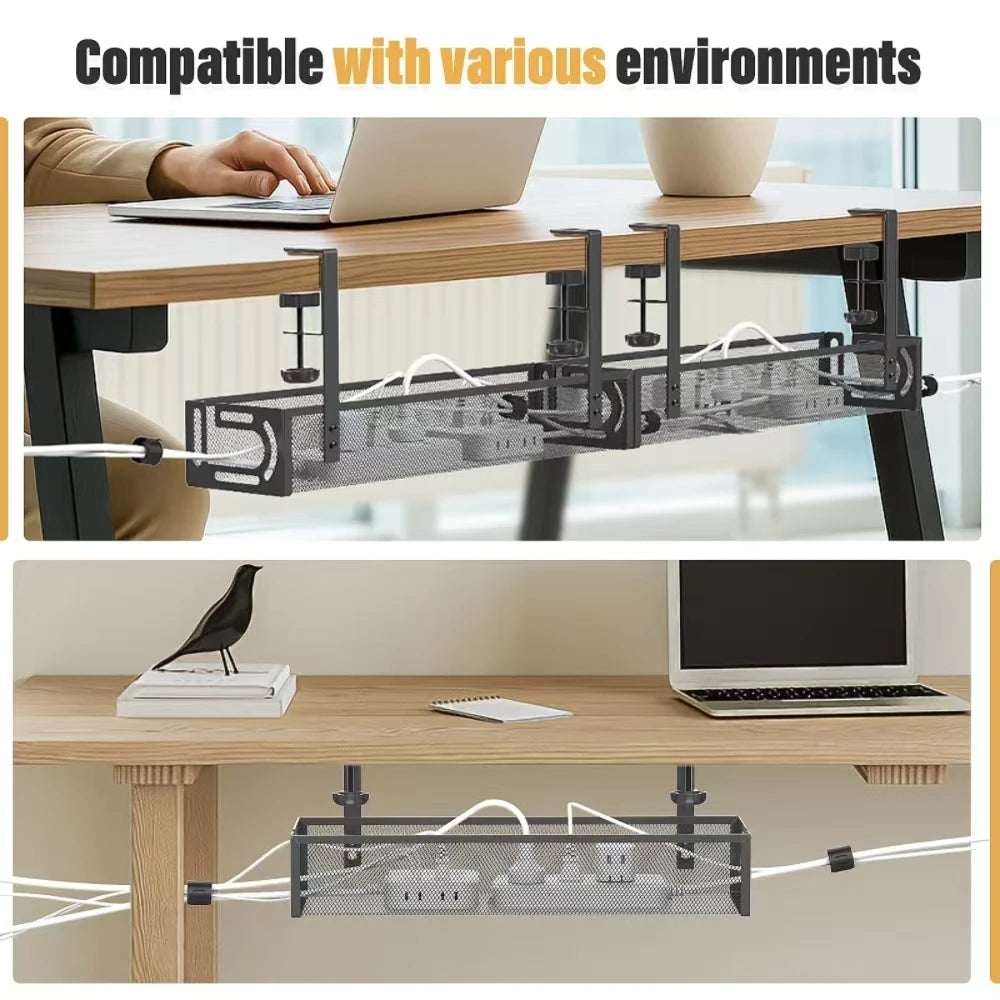 Transform Your Workspace with Our No-Drill Under-Desk Cable Management Tray - Clip-On Metal Mesh Organizer for a Tidy Home Office!