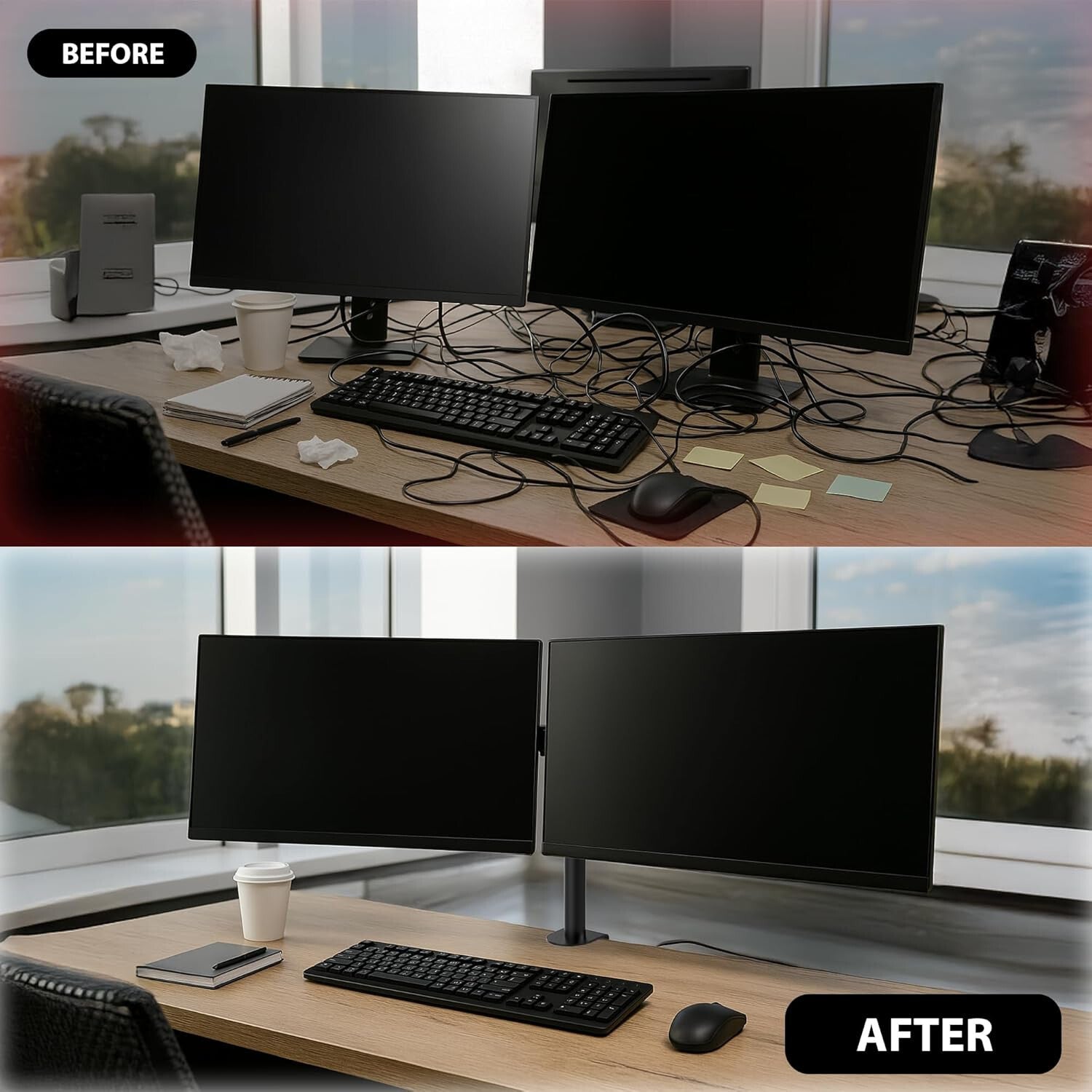 Elevate Your Workspace with the Adjustable Double Twin Arm Desk Mount for 13”-32” LCD Monitors and TVs