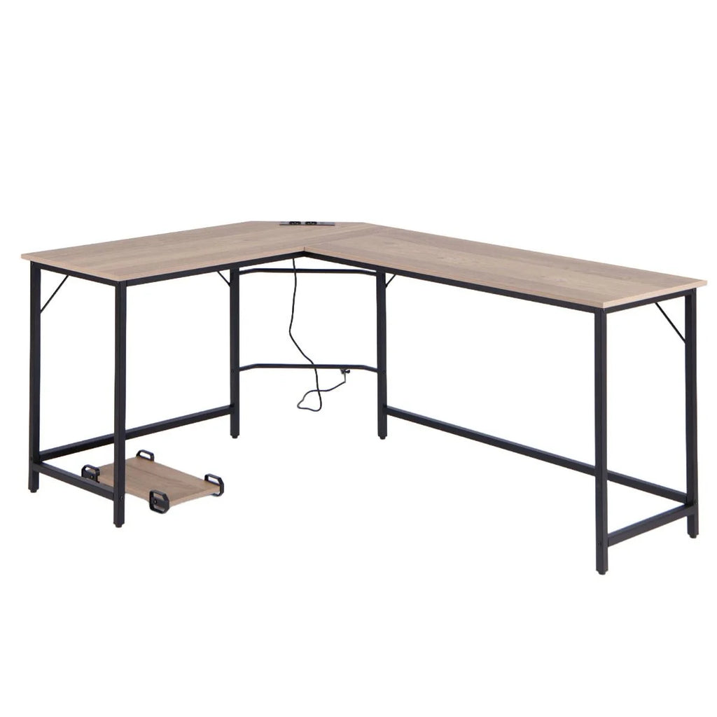 Versatile L-Shaped Desk with Integrated Power Outlet and Sturdy Metal Frame for Ultimate Workspace Efficiency
