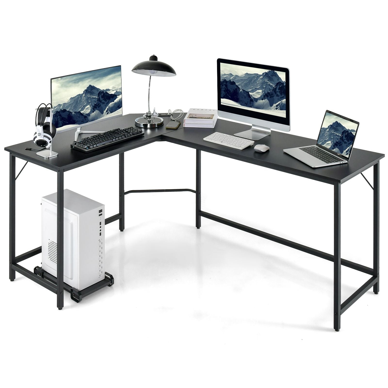 Versatile L-Shaped Desk with Integrated Power Outlet and Sturdy Metal Frame for Ultimate Workspace Efficiency
