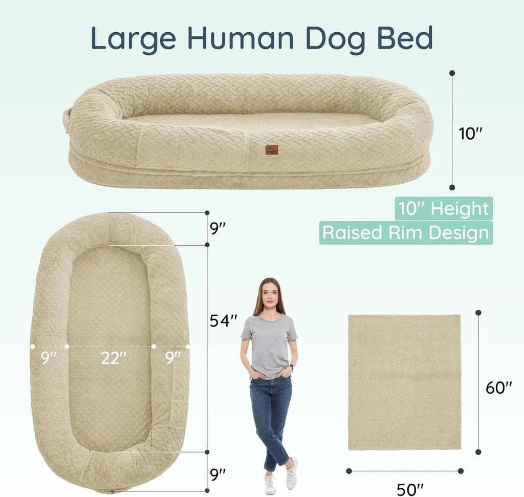 Ultimate Luxury Human Dog Bed - Extra Large Faux Fur Comfort with Ergonomic Support and Cozy Blanket