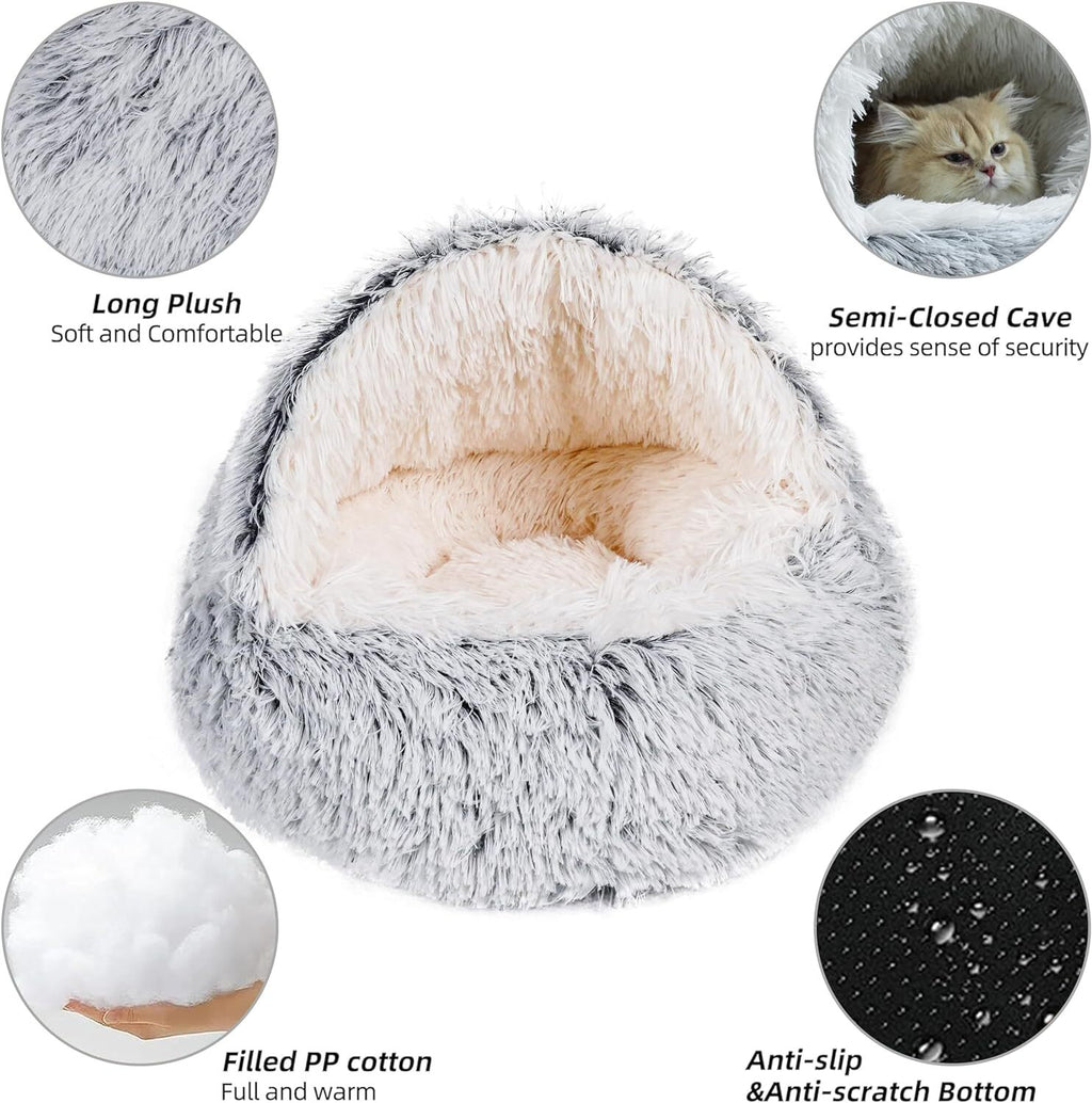 Indulge Your Pet with the Ultimate Hooded Faux Fur Cave Bed for Cats and Dogs - Soft, Cozy, and Calming Retreat