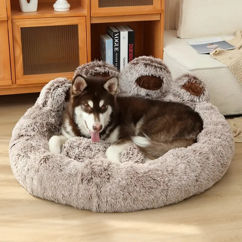 Indulge Your Dog with the Cozy Bear Paw Plush Bed - A Calming Non-Slip Cushion for Large Dogs