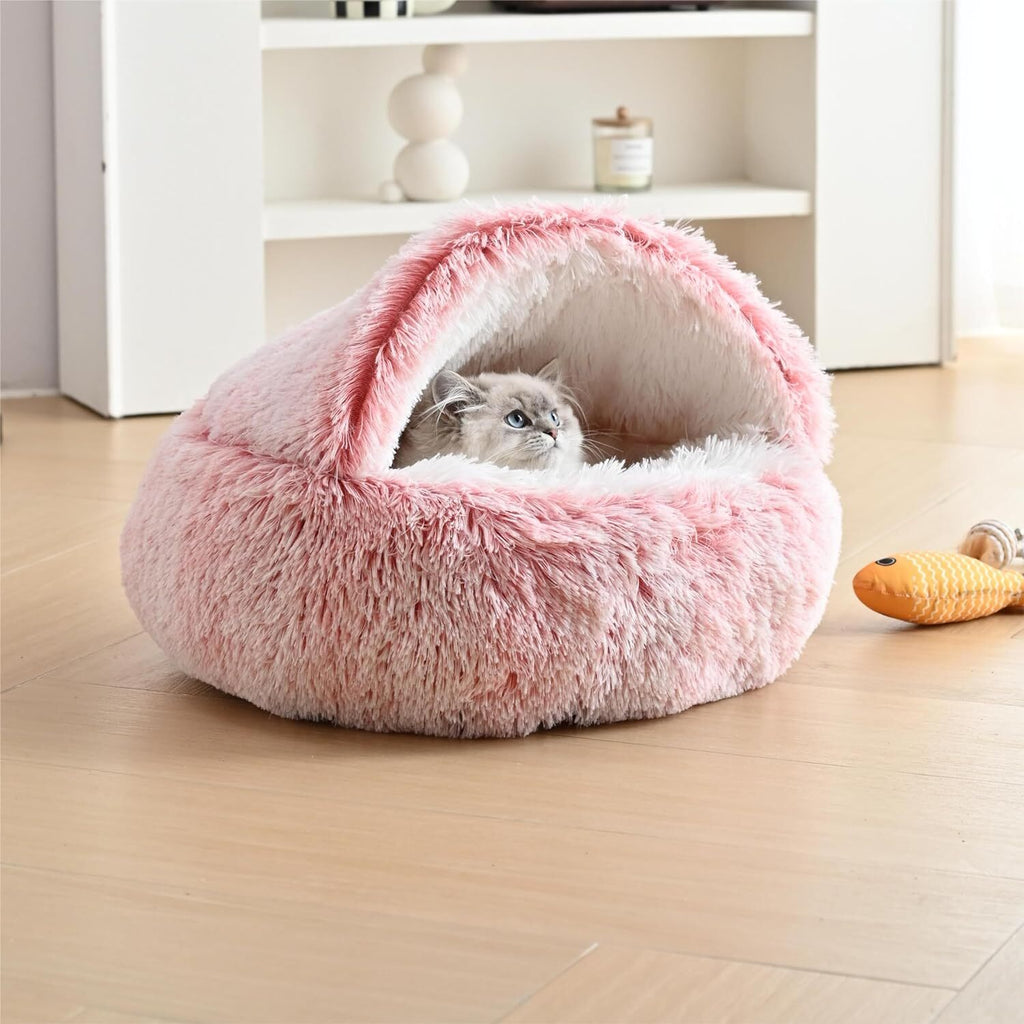Indulge Your Pet with the Ultimate Hooded Faux Fur Cave Bed for Cats and Dogs - Soft, Cozy, and Calming Retreat