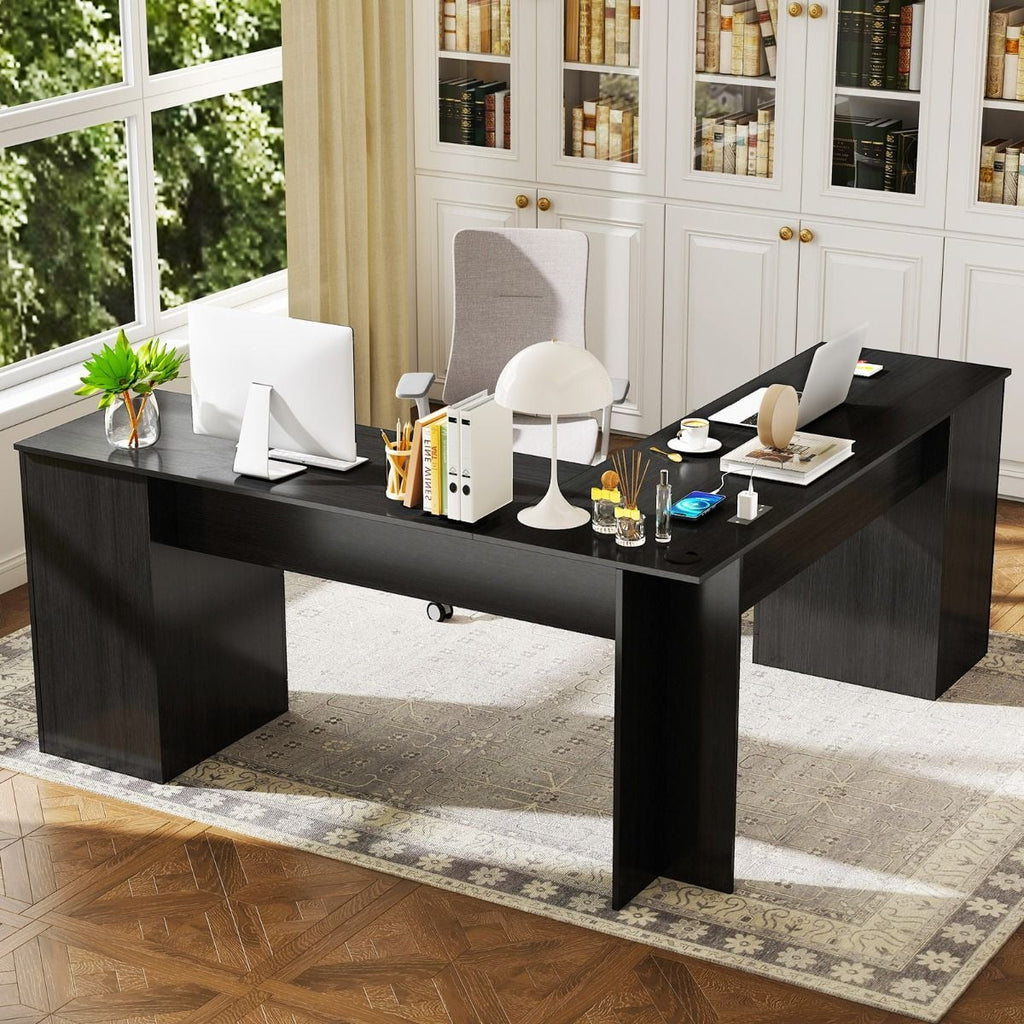 Elevate Your Workspace with the Stylish L-Shaped Computer Desk Featuring Built-in Power Outlets and Ample Storage