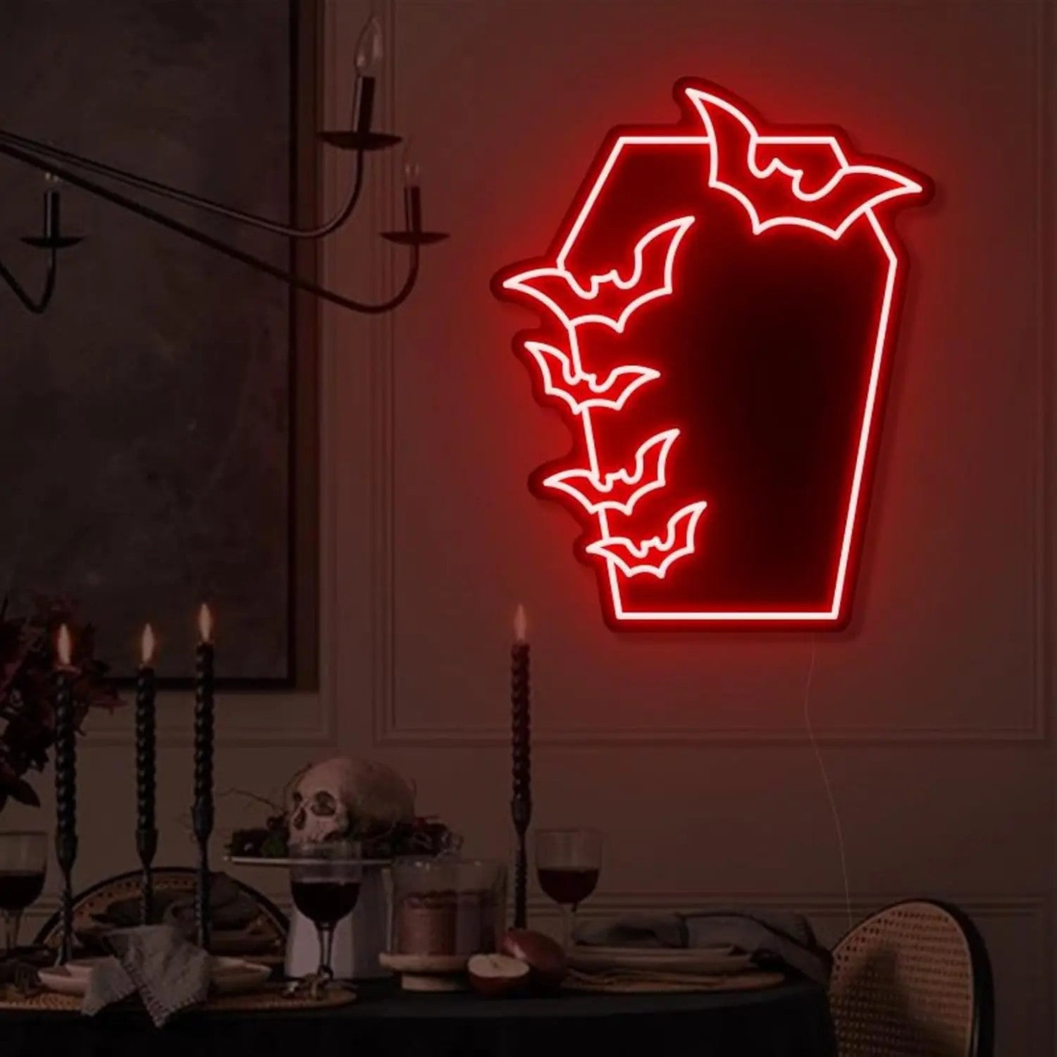 Elevate Your Decor with the Gothic Coffin Bat Neon LED Mirror - USB-Powered Light for a Dark Aesthetic