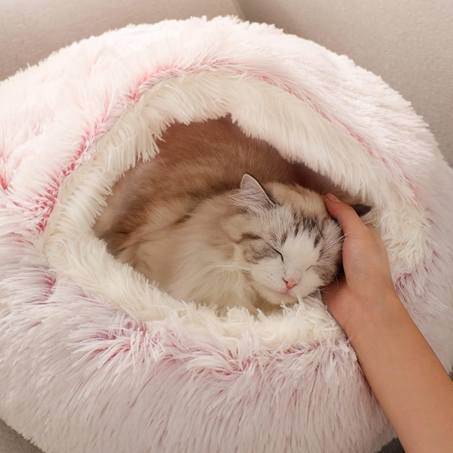 Indulge Your Pet with the Ultimate Hooded Faux Fur Cave Bed for Cats and Dogs - Soft, Cozy, and Calming Retreat