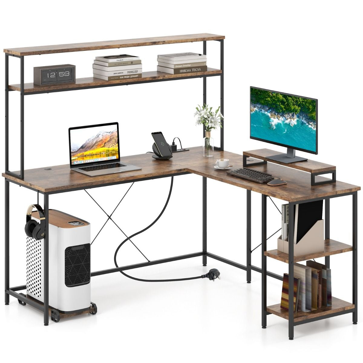 L-Shaped Gaming Desk with LED Strip and Power Outlets