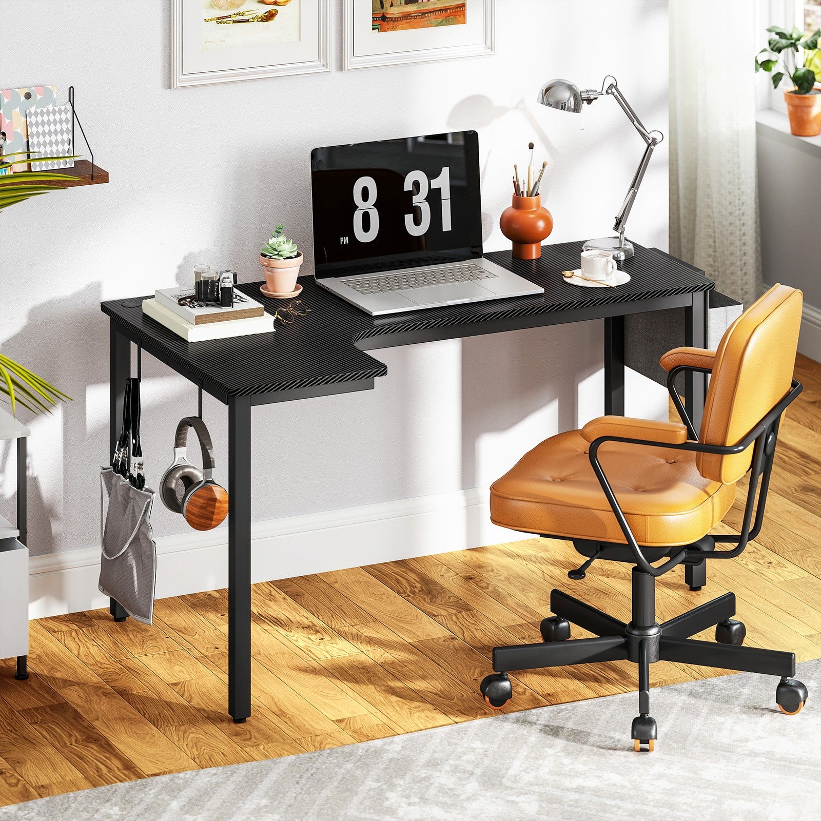 Stylish L-Shaped Corner Desk with Fabric Bag and Hooks - Perfect for Your Home Office or Study