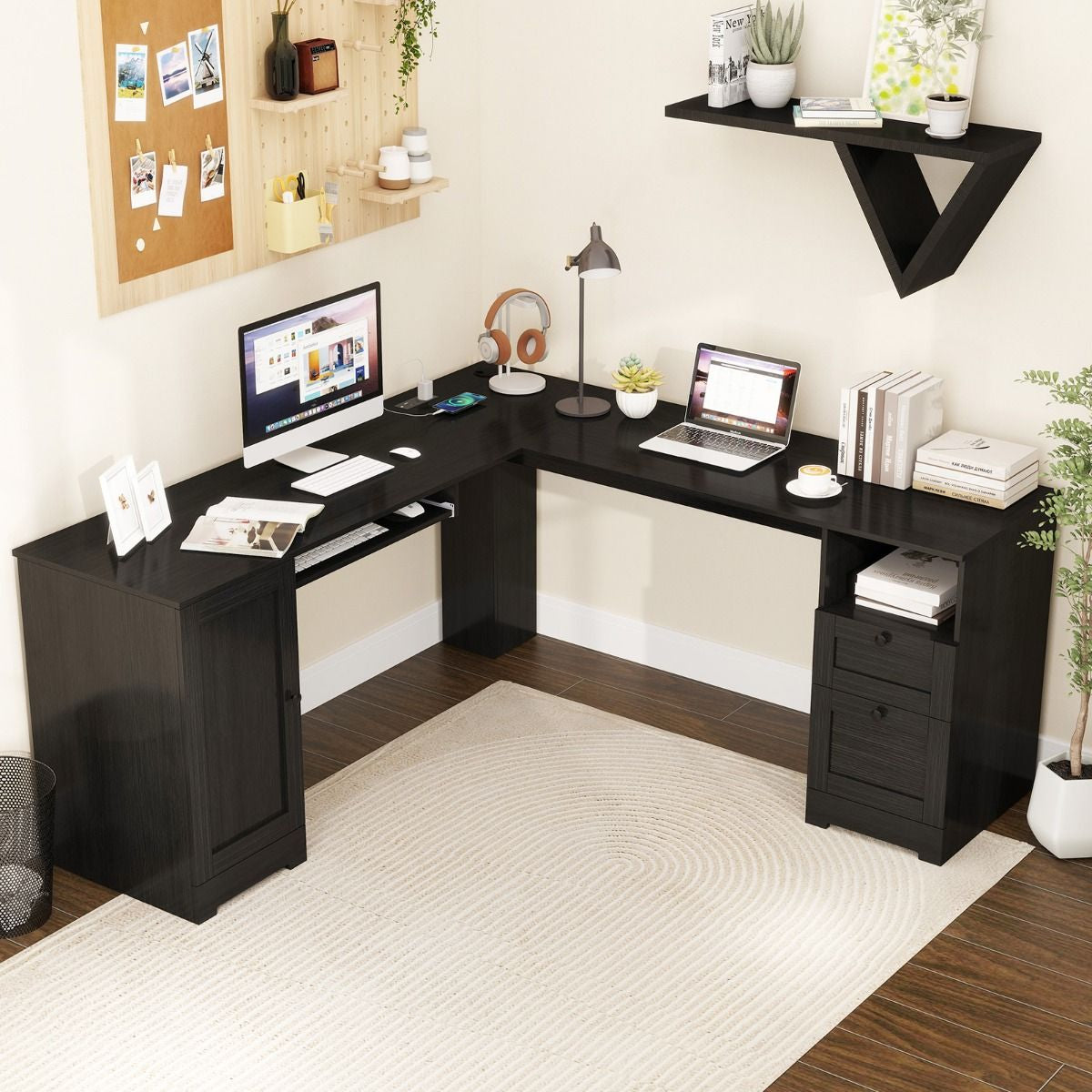 Elevate Your Workspace with the Stylish L-Shaped Computer Desk Featuring Built-in Power Outlets and Ample Storage