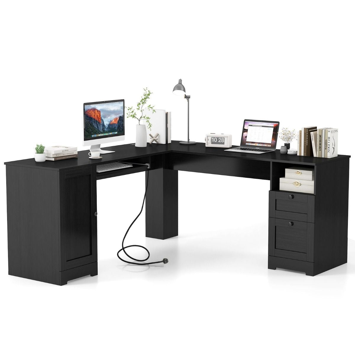 Elevate Your Workspace with the Stylish L-Shaped Computer Desk Featuring Built-in Power Outlets and Ample Storage