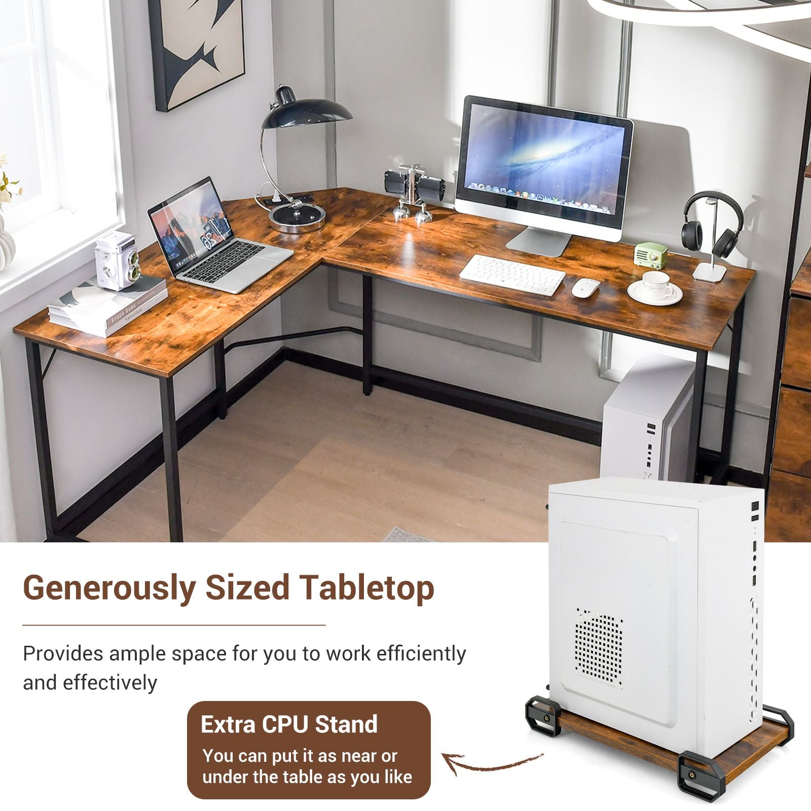 Versatile L-Shaped Desk with Integrated Power Outlet and Sturdy Metal Frame for Ultimate Workspace Efficiency